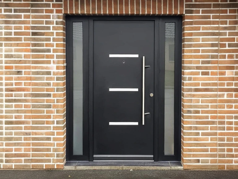 Partie d'une maison résidentielle blanche avec portes brunes, fenêtres et terrasse en matériaux composites gris foncé ou anthracite wpc avec balustrades en bois à l'extérieur